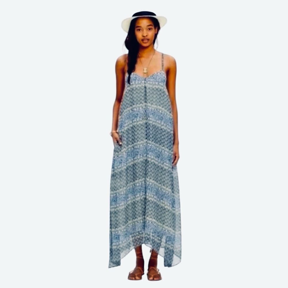 Madewell Moroccan Tile Blue Strappy MIdi Boho Relaxed Coastal Resortcore Dress S